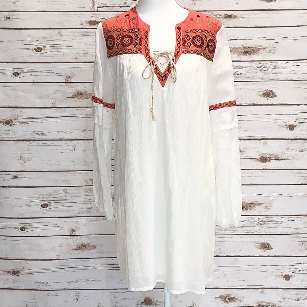 ESLEY BEIGE AND ORANGE DRESSED WITH STITCHED DETAILING